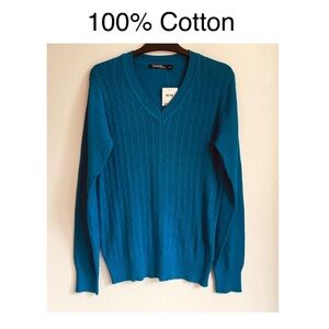 George 100% Cotton Sweater V-Neck Cable‎ Knit Blue Size Medium